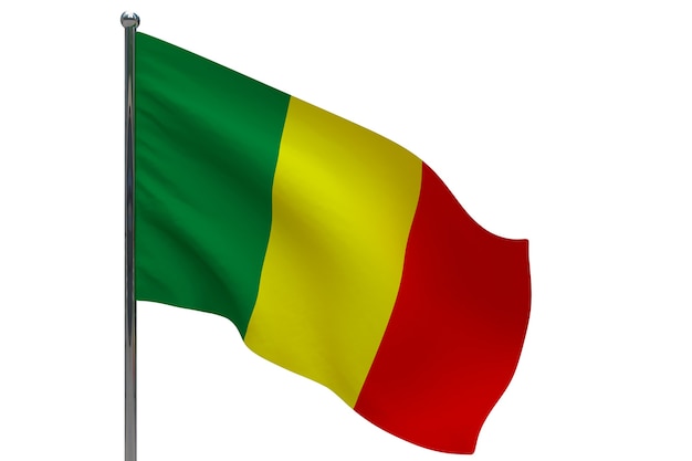 Drapeau du Mali sur le poteau. Mât de drapeau en métal. Drapeau national du Mali illustration 3D sur blanc