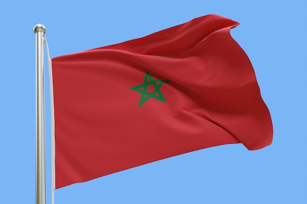 Photo drapeau du maroc sur mât ondulant dans le vent isolé sur fond bleu