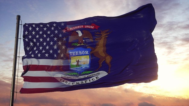 Drapeau du Michigan et des USA sur le mât. Drapeau mixte des États-Unis et du Michigan dans le vent