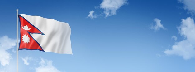 Drapeau du Népal rendu tridimensionnel isolé sur un ciel bleu bannière horizontale illustration 3D