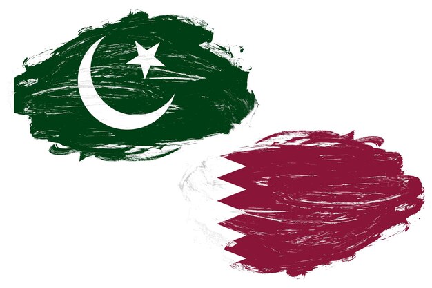 Drapeau du pakistan et du qatar ensemble sur un fond de pinceau de trait blanc