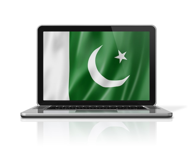 Drapeau du Pakistan sur écran d'ordinateur portable isolé sur blanc. Rendu d'illustration 3D.