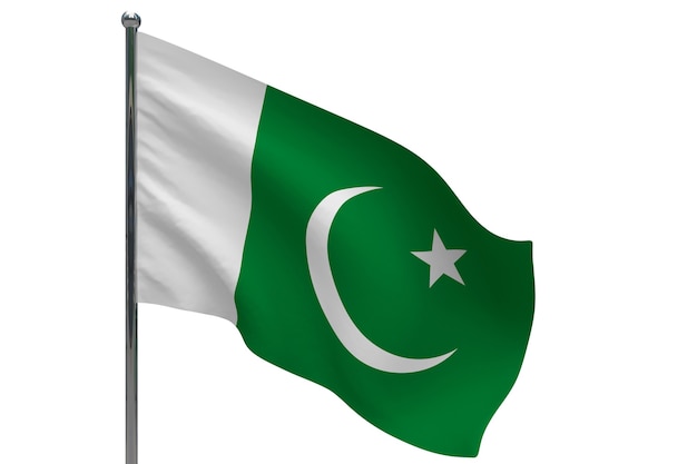 Drapeau du Pakistan sur le poteau. Mât de drapeau en métal. Drapeau national du Pakistan illustration 3D sur blanc