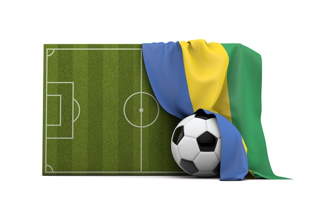 Drapeau du pays du Gabon drapé sur un terrain de football et une balle de rendu 3D