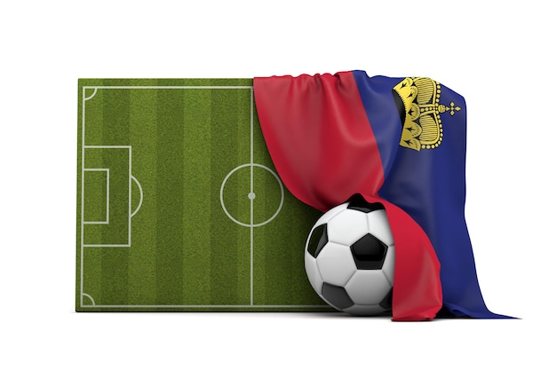 Drapeau du pays du Liechtenstein drapé sur un terrain de football et une balle de rendu 3D
