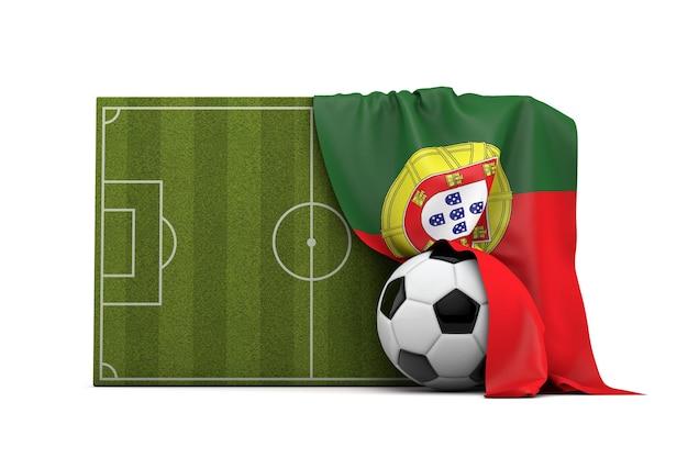 Drapeau du pays du Portugal drapé sur un terrain de football et une balle de rendu 3D