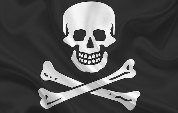 Drapeau du pays Jolly Roger sur fond de panorama en tissu de soie ondulé - illustration