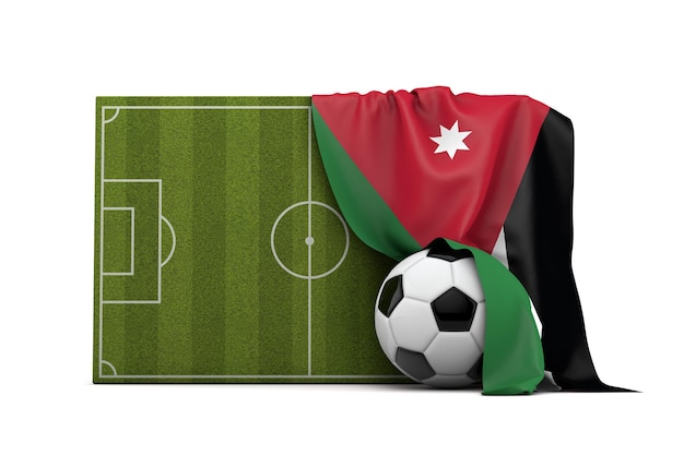 Drapeau du pays jordanien drapé sur un terrain de football et une balle de rendu 3D