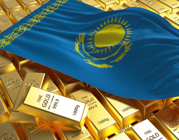Drapeau du pays national du Kazakhstan sur les barres de lingots d'or