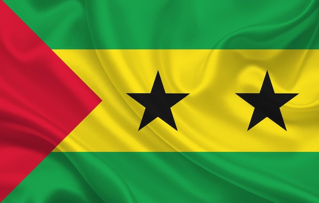 Drapeau du pays de Sao Tomé-et-Principe sur fond de panorama en tissu de soie ondulé - illustration