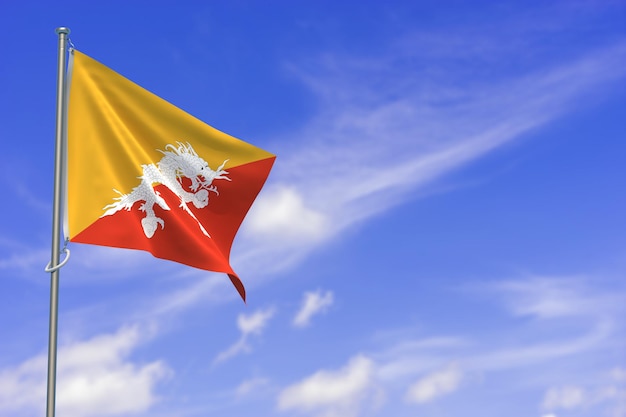 Drapeau du Royaume du Bhoutan sur fond de ciel bleu Illustration 3D