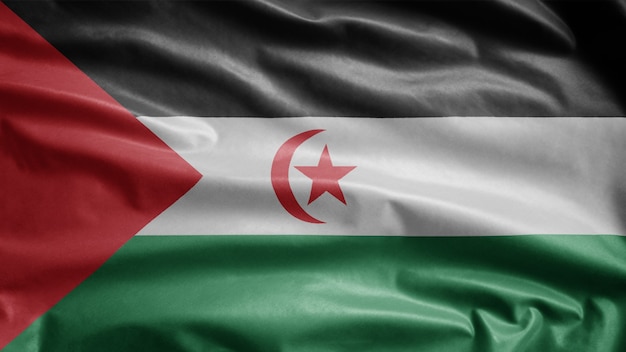 Drapeau du Sahara occidental sur le vent. Bannière de la République arabe sahraouie démocratique soufflant de la soie lisse.
