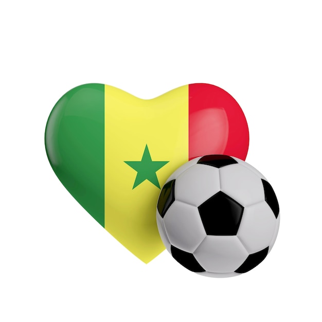 Drapeau du Sénégal en forme de coeur avec un ballon de football Love football 3D Rendering