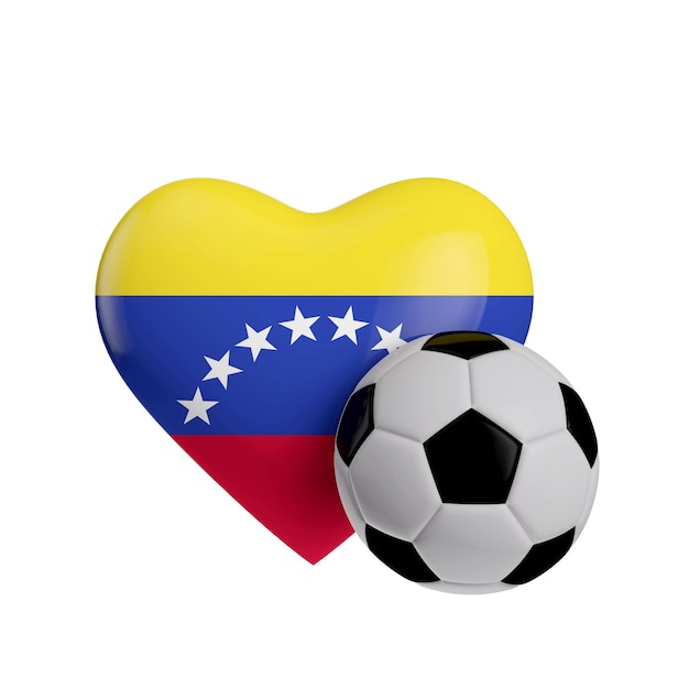 Drapeau du Venezuela en forme de coeur avec un ballon de football amour football rendu 3D