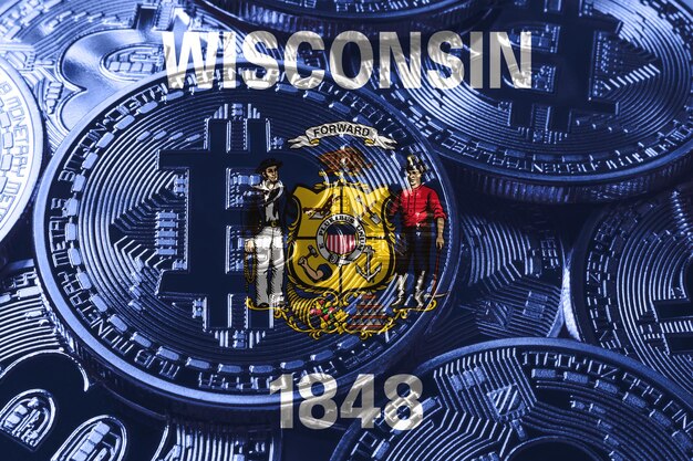 Drapeau du Wisconsin bitcoin, arrière-plan du concept de crypto-monnaie du Wisconsin