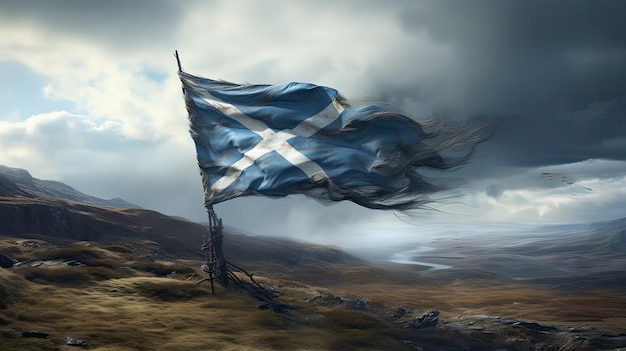 Photo un drapeau écossais usé dans la bataille volant dans le vent