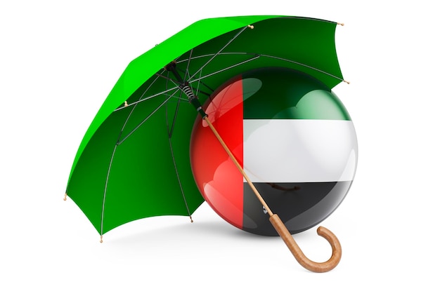 Le drapeau des Emirats Arabes Unis sous parapluie Protection et sécurité des Émirats arabes unis concept rendu 3D isolé sur fond blanc