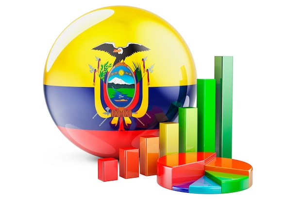 Drapeau équatorien avec graphique à barres de croissance et graphique pie Statistiques économiques de la finance d'affaires en Équateur concept rendu 3D isolé sur fond blanc