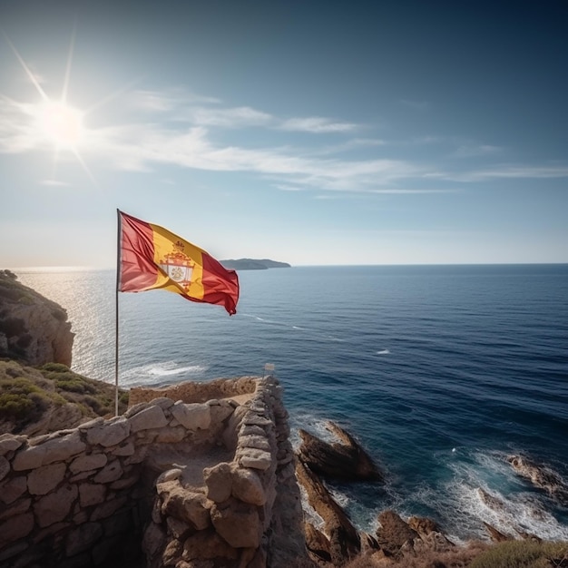 Drapeau de l'Espagne sur un bord de mer rocheux un beau paysage pour les agences de voyages publicitaires