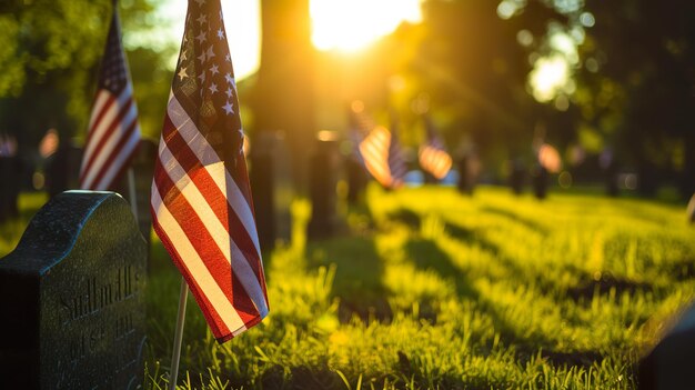 Photo un drapeau est dans l'herbe devant un cimetière