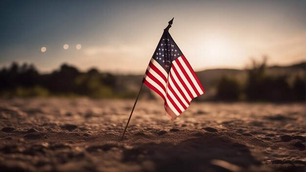 un drapeau est debout dans le sable sur une plage.