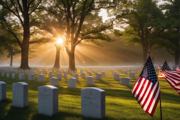 un drapeau est devant un cimetière avec le soleil brillant derrière lui