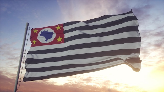 Drapeau De L'état De Sao Paulo Dans Le Vent, Le Ciel Et Le Soleil. Rendu 3d