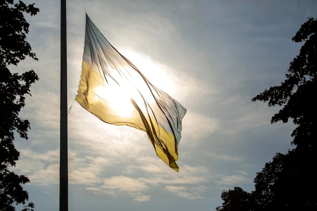 Drapeau de l'état de l'Ukraine dans la perspective du soleil éclatant