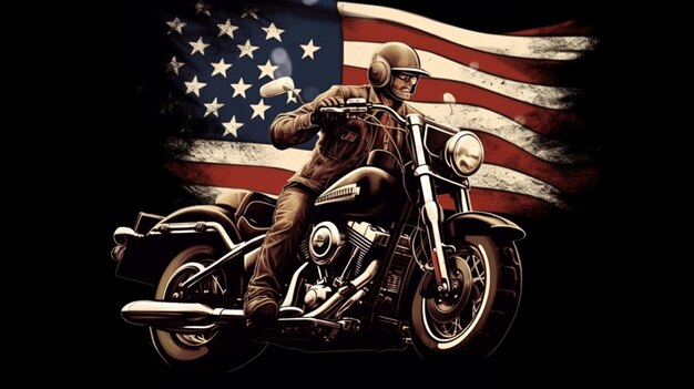 Photo drapeau des états-unis à l'arrière t-shirt de moto gros et lourd graphique génératif ai