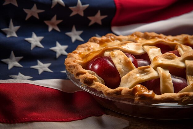 Photo drapeau des états-unis avec une tarte aux pommes