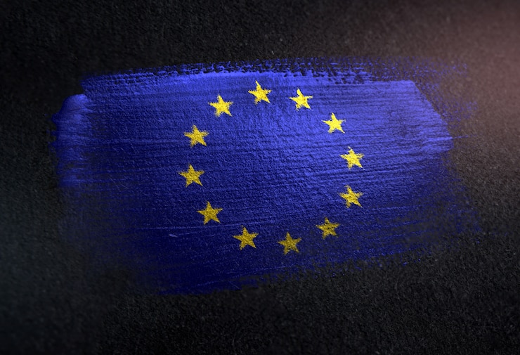 Photo drapeau européen en brosse métallique sur mur sombre grunge