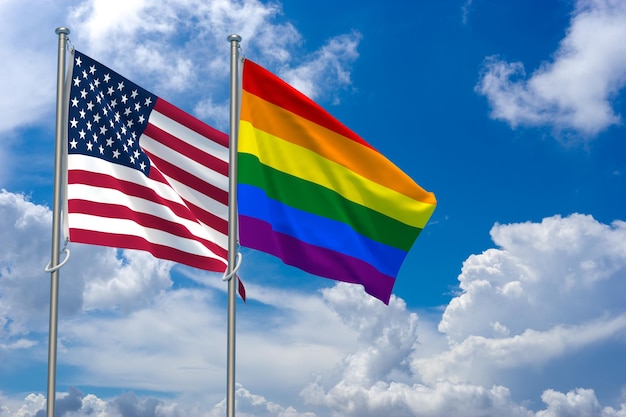 Drapeau de la fierté gay et drapeau des États-Unis sur fond de ciel bleu Illustration 3D