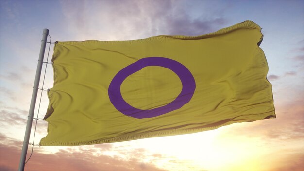 Drapeau de la fierté intersexe dans le fond du vent, du ciel et du soleil. rendu 3D