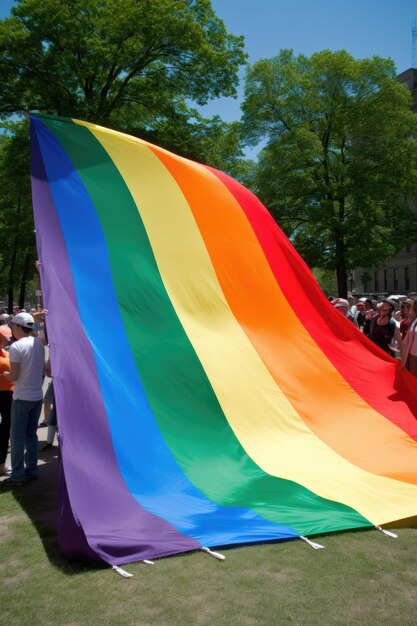 Drapeau de la fierté lors d'un rassemblement pour les droits des homosexuels créé avec une IA générative