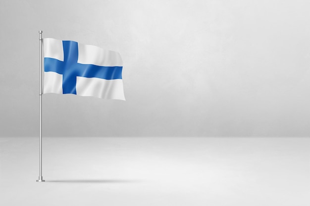 Drapeau finlandais isolé sur fond de mur en béton blanc