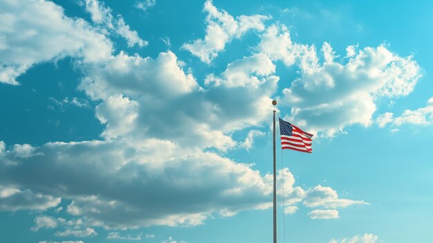 un drapeau flotte devant un ciel bleu avec des nuages