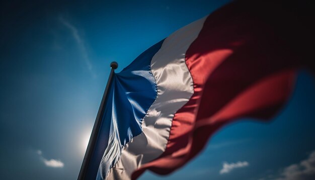 Drapeau de la France agitant en plein soleil symbolisant la liberté générée par l'IA