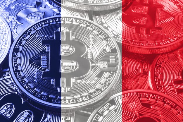 Drapeau france bitcoin, drapeau national concept crypto-monnaie fond noir