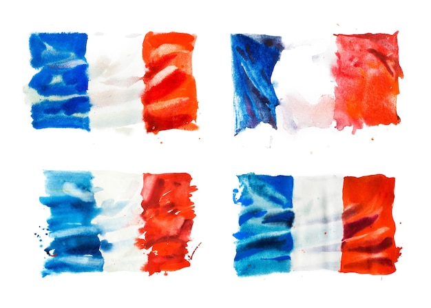 Drapeau de la France, illustration aquarelle dessinée à la main.