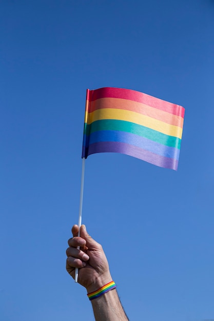 Drapeau gay avec le ciel en arrière-plan. Image verticale