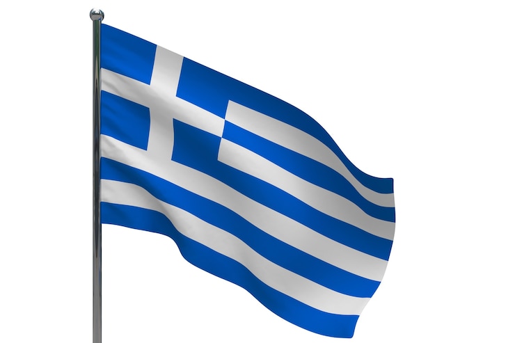 Photo drapeau de la grèce sur le poteau. mât de drapeau en métal. drapeau national de la grèce illustration 3d sur blanc
