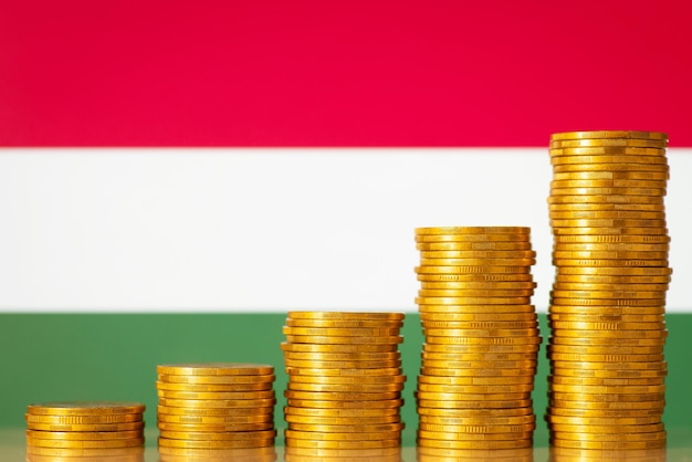 Drapeau de la Hongrie avec des piles de pièces du plus bas au plus haut au premier plan Développement du concept de pays de la Hongrie réussite financière Niveau positif du PIB