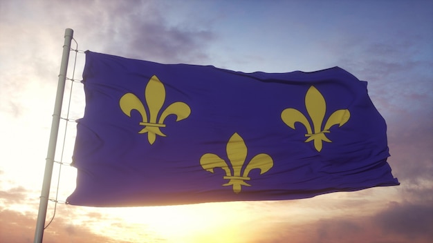 Drapeau de l'Ile de France, France, ondulant dans le vent, le ciel et le soleil. rendu 3D