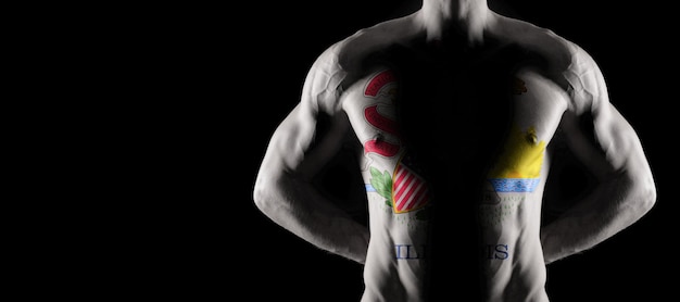 Drapeau de l'Illinois sur le torse masculin musclé avec abs, concept de musculation de l'Illinois, fond noir