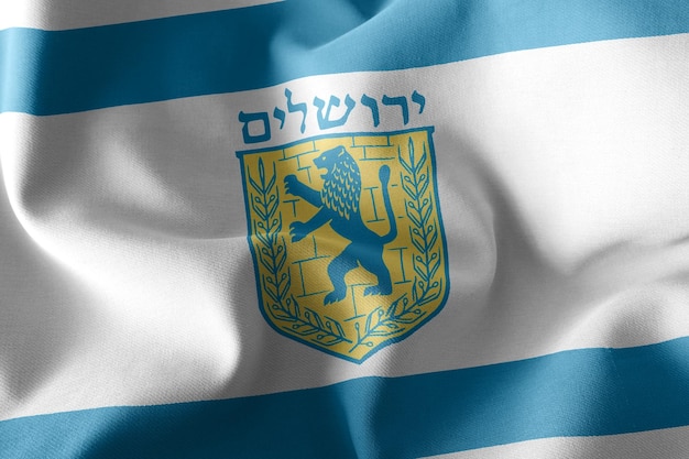 Le drapeau d'illustration 3D de Jérusalem est une région d'Israël agitant sur le fond textile du drapeau du vent