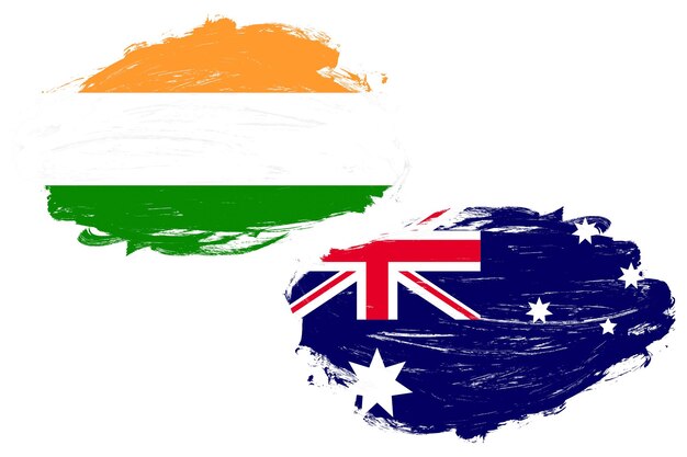 Drapeau de l'inde et de l'australie ensemble sur un fond de pinceau de trait blanc