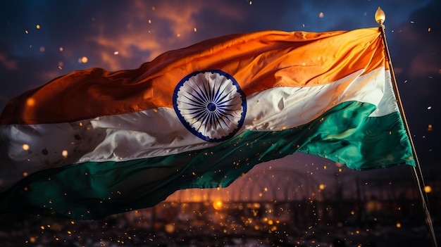 Le drapeau de l'Inde flottant haut à Connaught Place avec fierté dans le ciel bleu, le drapeau d'India flottant le drapeaux de l'Indian le jour de l'indépendance et le jour de la République de l'India.