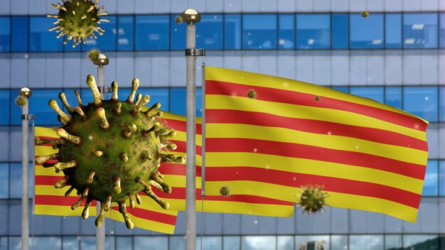 Drapeau indépendant de la Catalogne agitant sur une ville de gratte-ciel moderne avec un virus