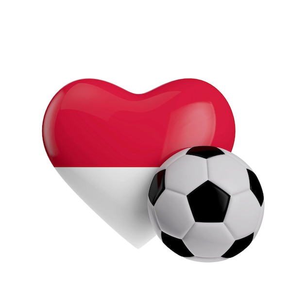 Photo drapeau de l'indonésie en forme de coeur avec un ballon de football love football 3d rendering