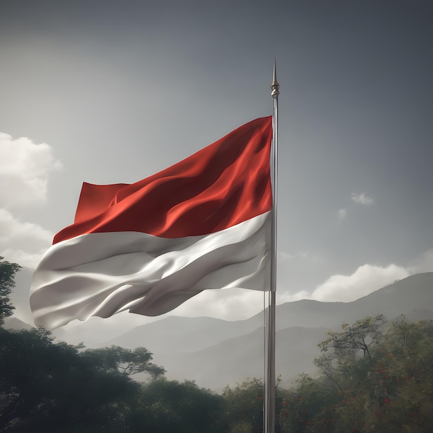 le drapeau indonésien ou monégasque flotte au vent au milieu de la forêt